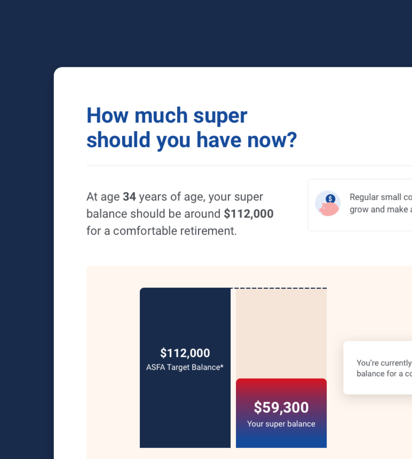 Results screen showing your super balance vs the ASFA target balance.