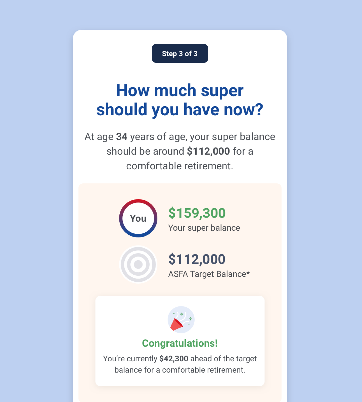 Results screen showing your super balance vs the ASFA target balance.