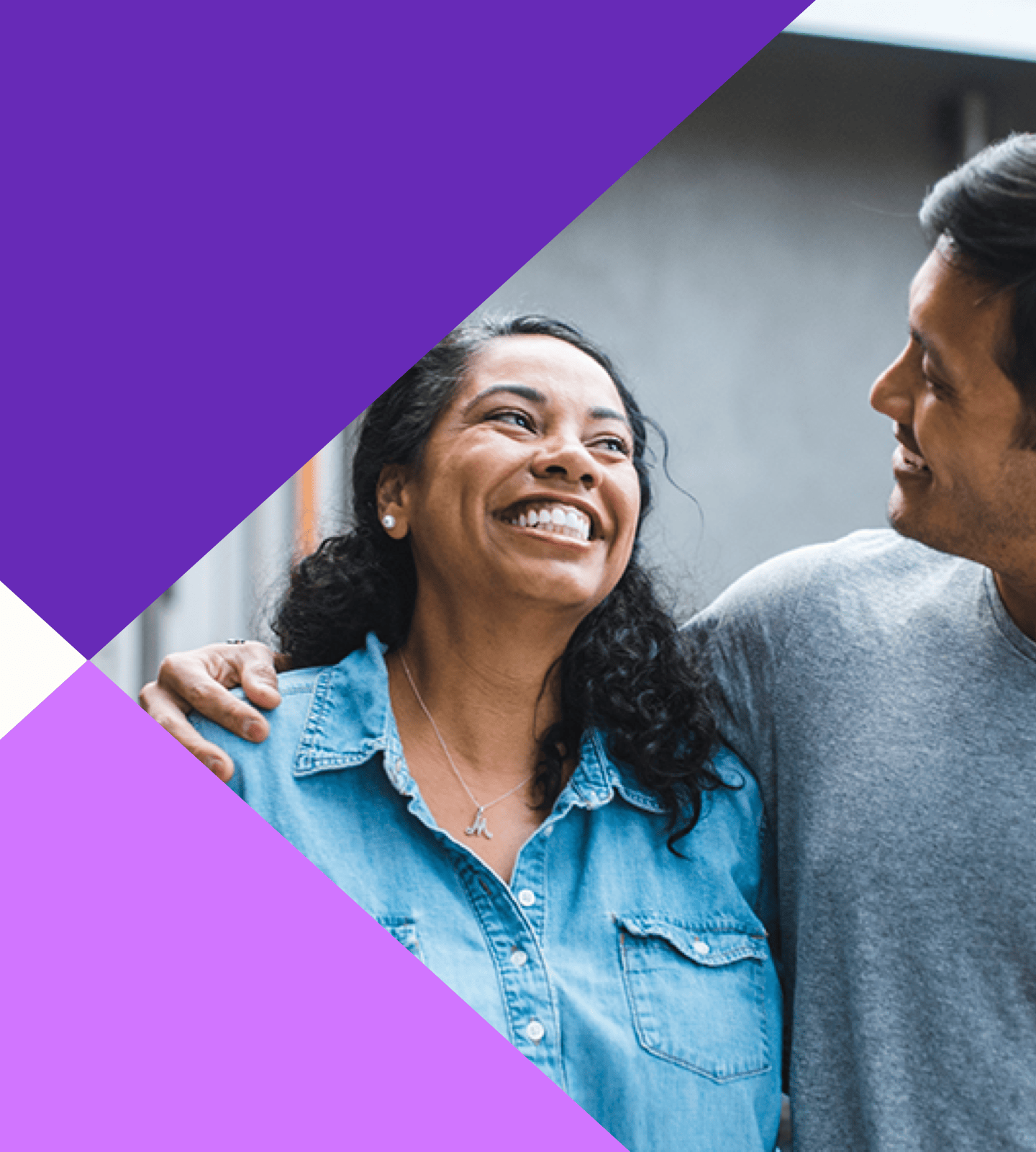 Two smiling people, a woman looking up and a man facing her, with a geometric purple and white background.